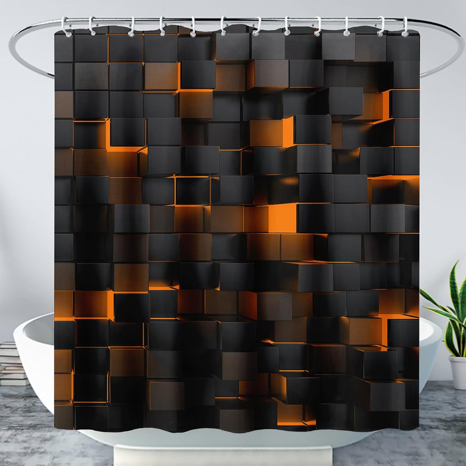 Neon Orange Black Shower Curtain, 3D Abstract Modern Geometry Waterproof Fabric Bath Curtain for Kids Bathroom Decor, Cool Honeycomby Geometric Decorative Bathroom Accessories, 70" W x 94" L