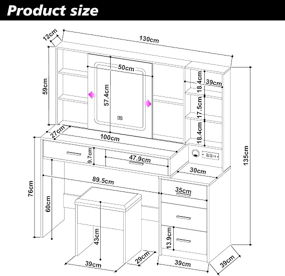 Panana Vanity Desk with Movable Mirror and Lights, Makeup Table Set with 5 Drawers, Makeup Desk with Charging Station & Storage Shelves, 3 Lighting Modes Adjustable Dressing Table with Stool (White)