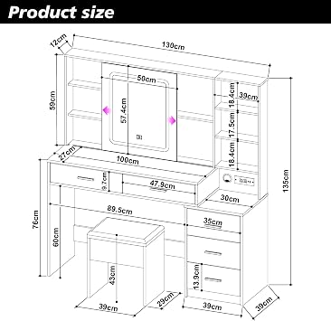Panana Vanity Desk with Movable Mirror and Lights, Makeup Table Set with 5 Drawers, Makeup Desk with Charging Station & Storage Shelves, 3 Lighting Modes Adjustable Dressing Table with Stool (White)