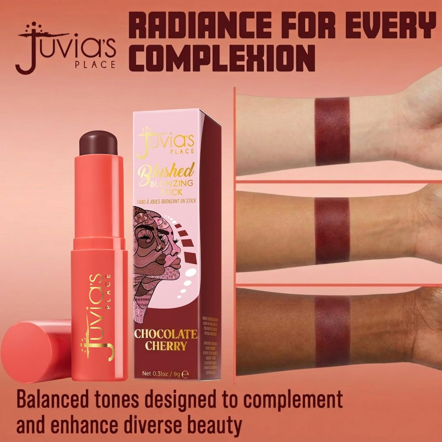 Juvia's Place Blushed Blonzing Stick - Chocolate Cherry - 2-in-1 Cream Bronzer & Blush Stick for Face - Buildable, Blendable Formula for a Sculpted, Radiant Glow - On-the-Go Application