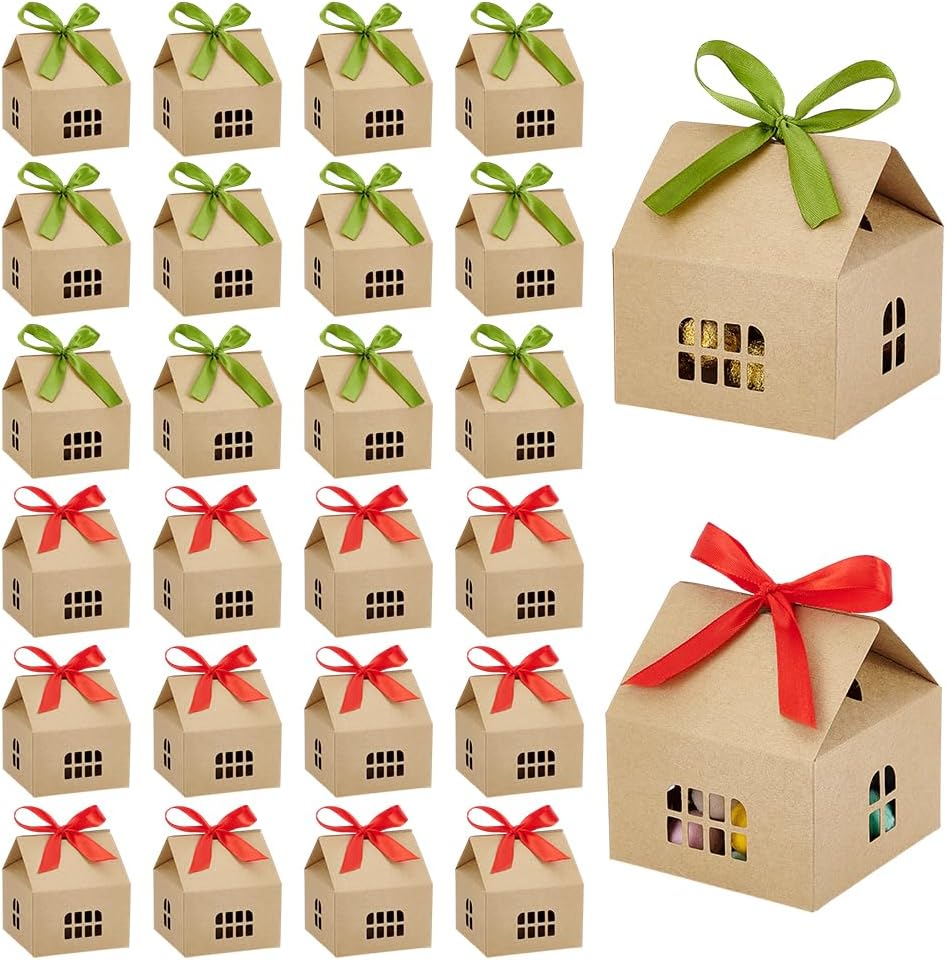 30 Sets House Shaped Gift Boxes 3.5 x 3.5 x 2.3 Inche Kraft Paper Boxes with Ribbons Cookie Bakery Box Cardboard Treat Box for Christmas Open House Birthday Wedding Party, Brown