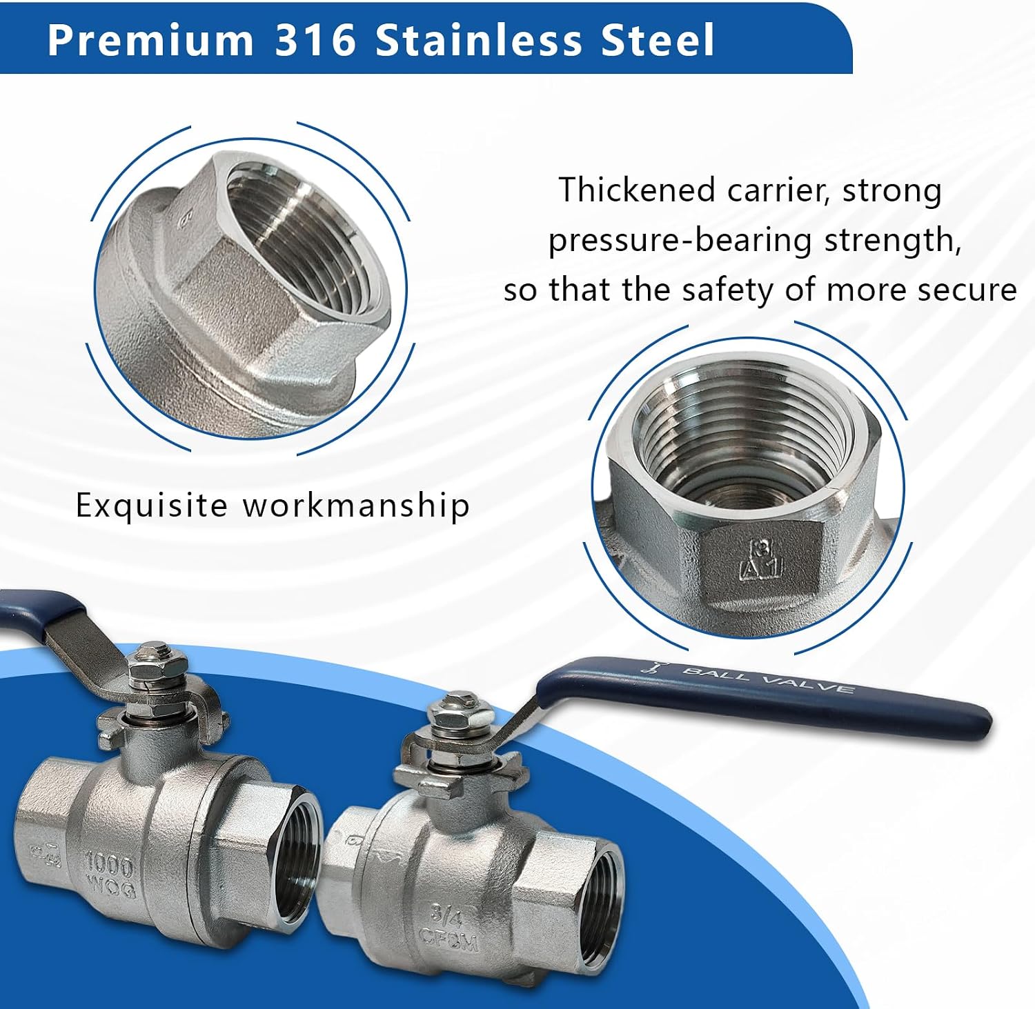 3/4 Inch 316 Stainless Steel Ball Valve, 2-Piece Full Port 1000 WOG NPT Female Threaded, High Pressure Shut Off Valve for Water Oil Gas Steam Marine -40°F to 450°F, Industrial Plumbing 2-Pack