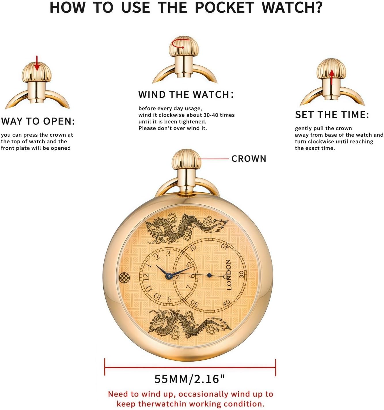 Men's Pocket Watches, Double Dragon Gold Mechanical Antique Skeleton Case with Chain