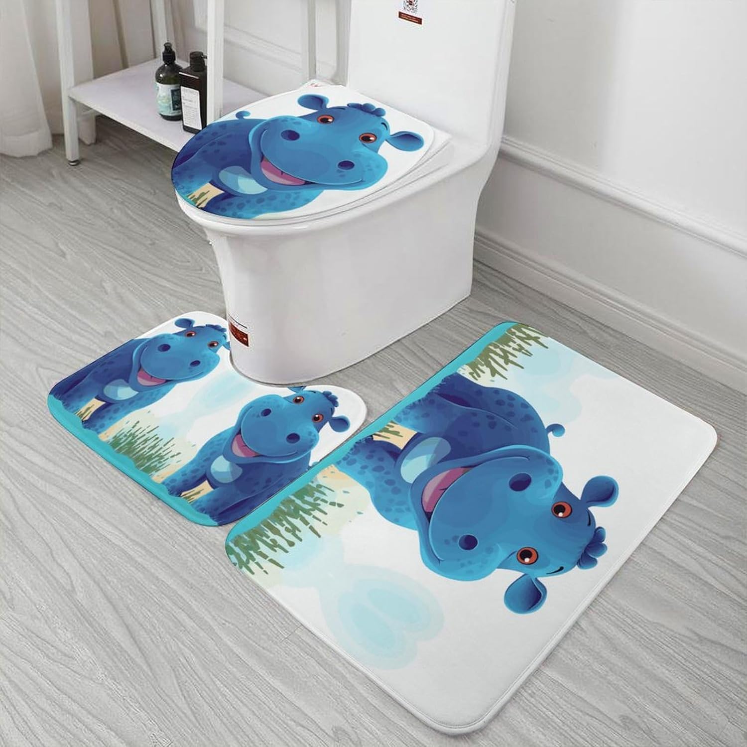 Anti-Skid Floor Mats 3 Piece Set,Cute Hippo Printed Coral Fleece Bathroom Mats U-Shaped Contour Mat Toilet Seat Cover for Bathroom, Tub, Shower, Kitchen 19.7"x31.5"