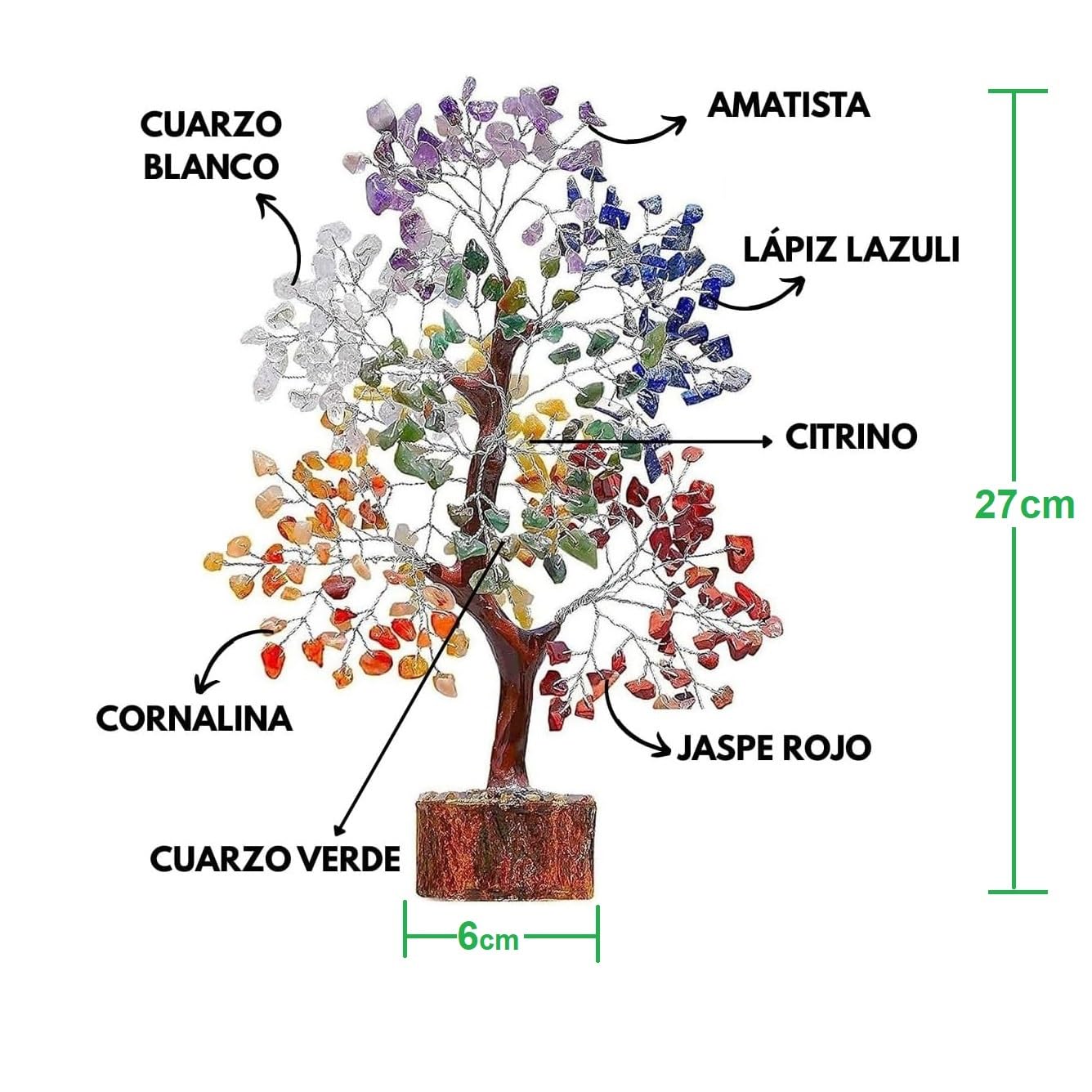 Árbol 7 Chakras de Piedras Semi-Preciosas - 27cm Alto y 300 Piedras - Árbol Energético Feng Shui – Bonsái de Armonía y Decoración – Amatista, Cuarzo, Citrino, Aventurina y Más
