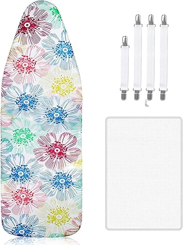 Funda para tabla de planchar de 18 x 49 pulgadas, borde elástico, resistente a las quemaduras, incluye 4 sujetadores y paño protector de malla