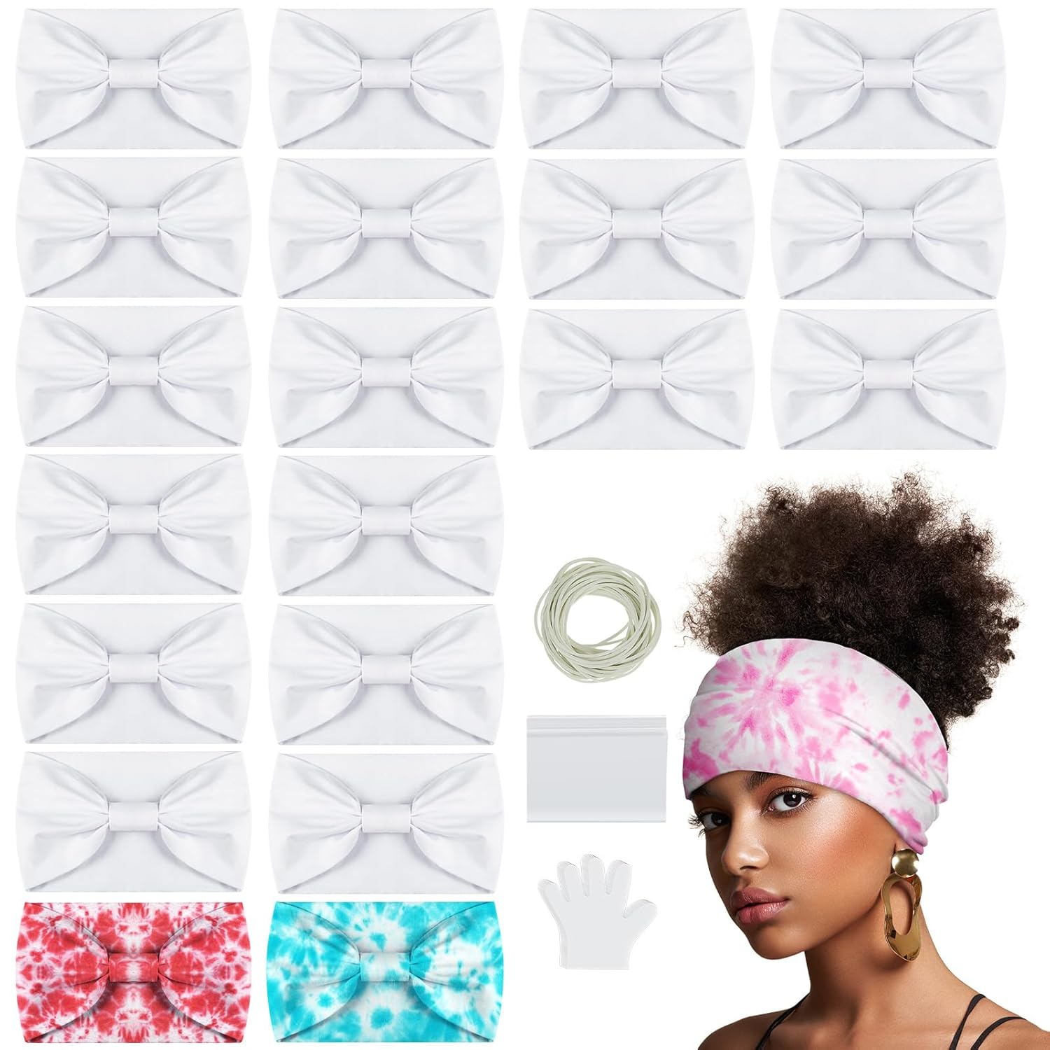 Silkfly 20 Pcs White Cotton Headbands Sets for Tie Dye Wide Headbands for Women Tie Dye Elastic Fashion White Head Wrap with Accessories for Group Party DIY Project