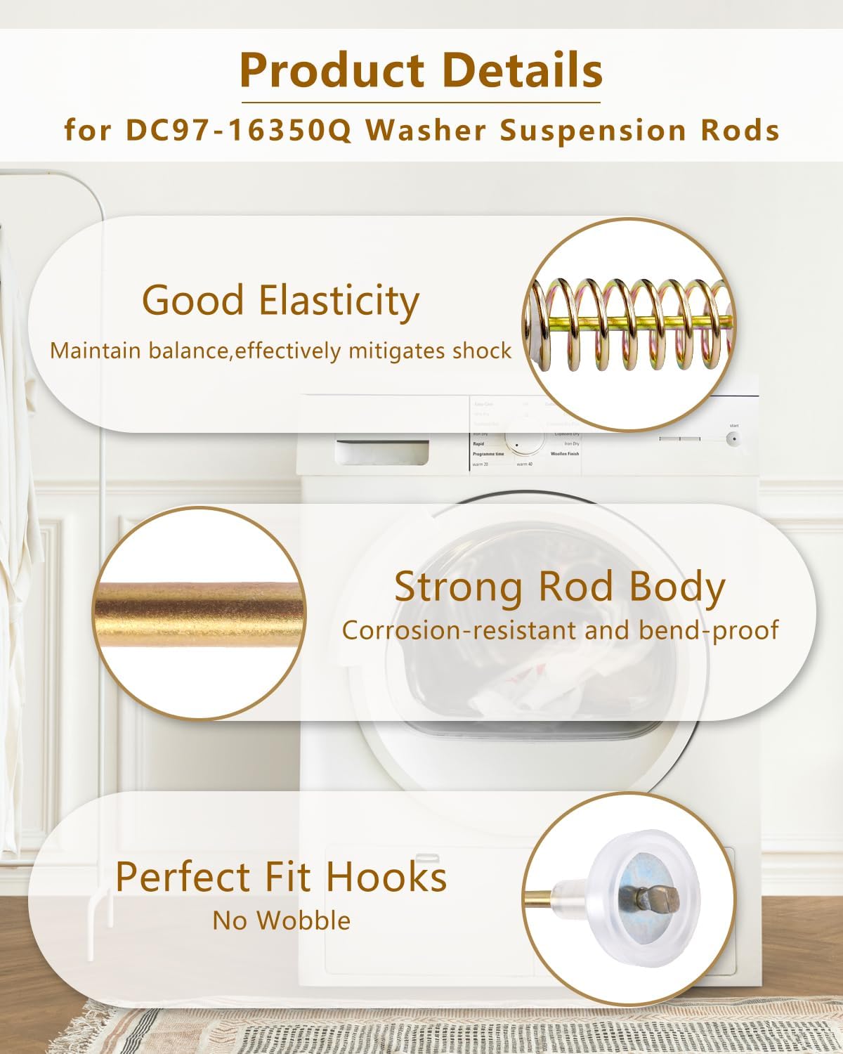 Washer Suspension Rods DC97-16350Q for Samsung WA55A7300AE WA55A7300AV WA55CG7100AV WA55CG7100AW WA55CG7100AD WA55A7700AV Washing Machine, Replace AP6806418 PS12708543 EAP12708543,（4pcs）