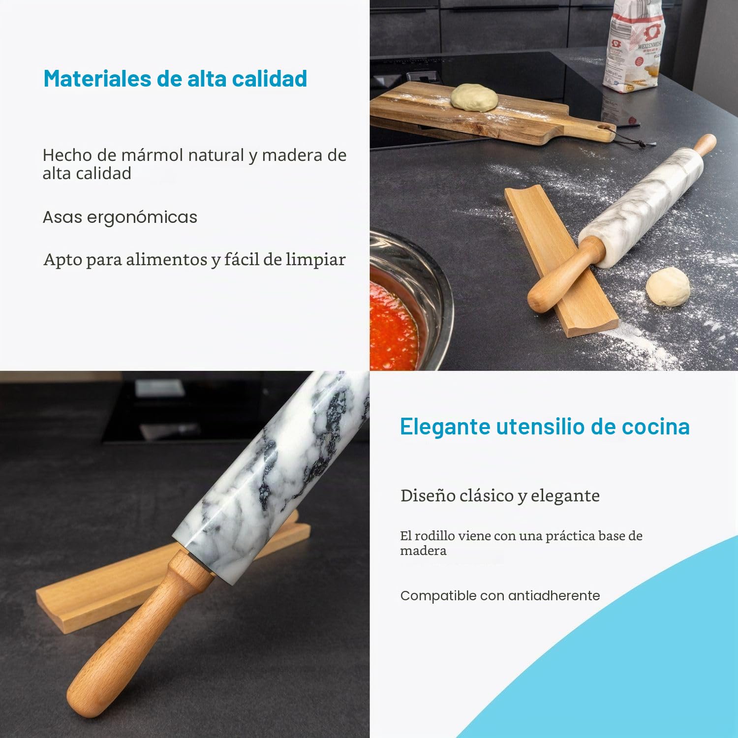 Intirilife Rodillo de mármol con soporte Blanco - 46.5 cm - Rodillo para masa, rodillo de pastelería, rodillo de pizza, de mármol natural para un fácil amasado, fácil de limpiar