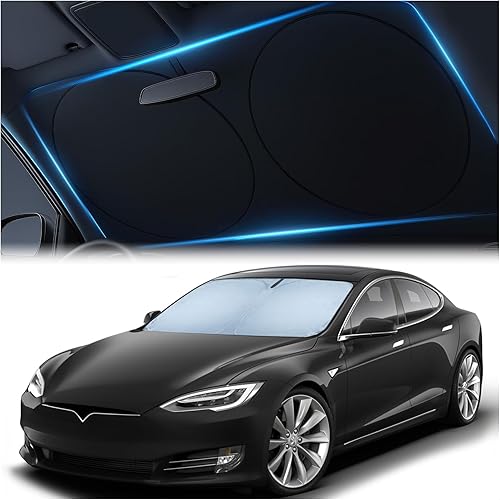 Magnelex Tesla Windshield Sun Shade for Model S 2012-2026 - Reflective Polyester Blocks Heat & Sun, Foldable Car Window Sun Blocker, Mirror Cut-Out, Fade-Resistant Sunshade, Tesla S Accessories