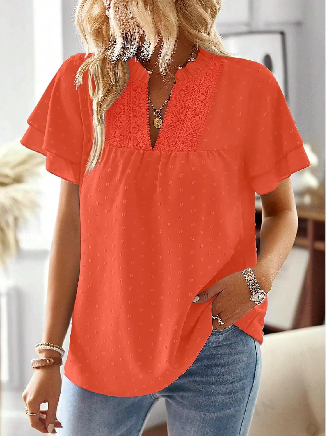  Womens Tops Boho Flowy Shirts Dressy Casual Short Sleeve Blouses thumbnail