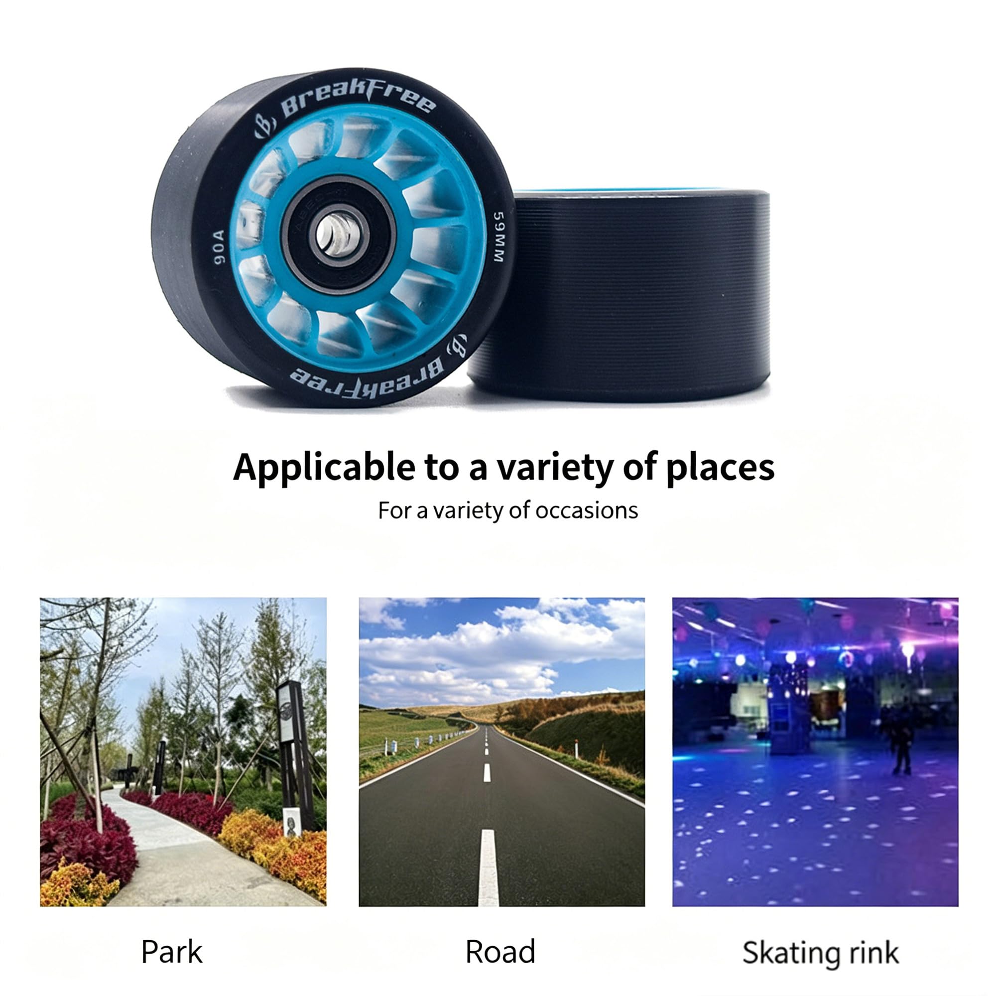 B BREAKFREE Paquete de 8 ruedas 90A de 59 mm x 38 mm para patinaje en interiores y exteriores con rodamientos y herramientas de montaje, rollo suave de alto rebote para patines de cuatro ruedas (azul)