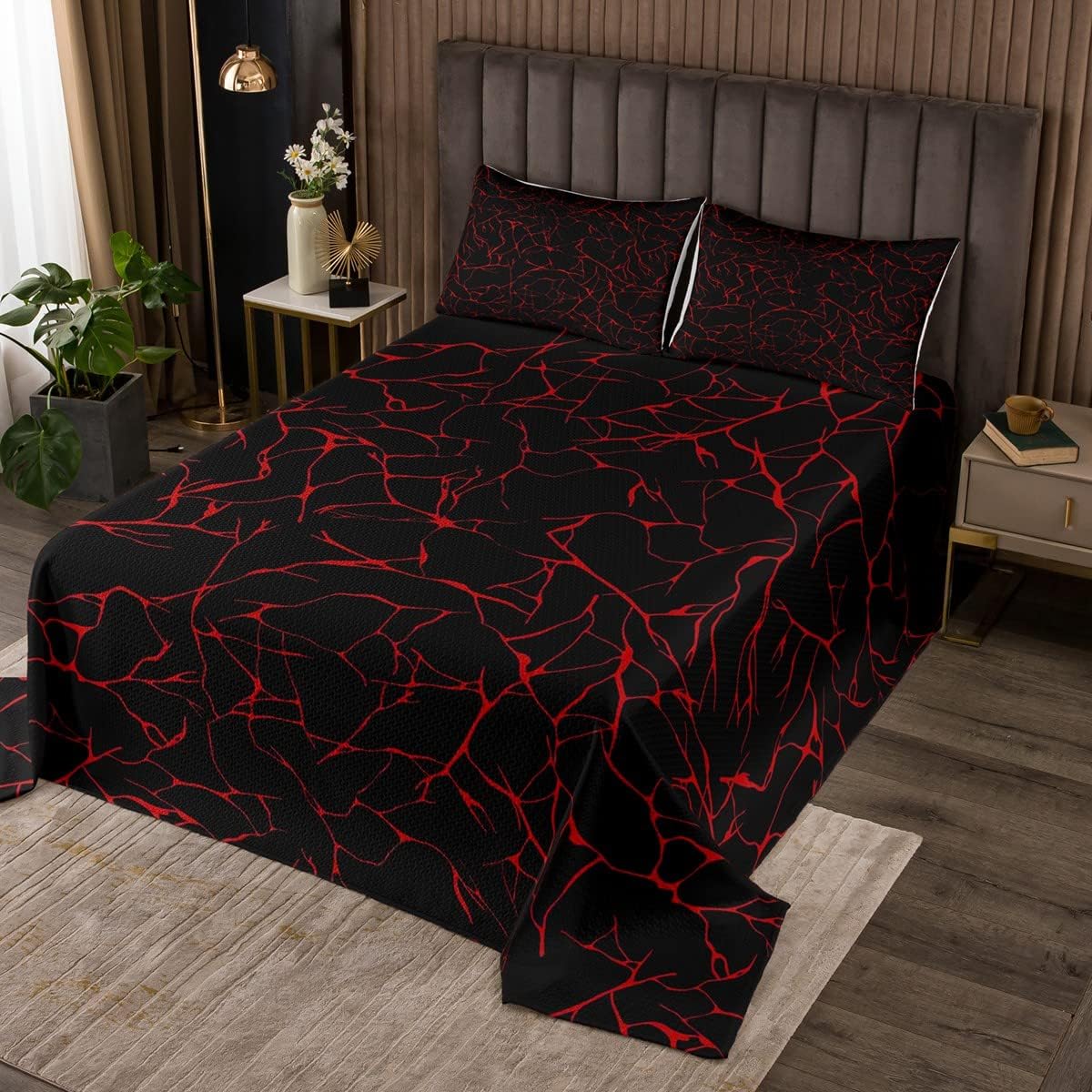 Erosebridal Red Metallic Marble Coverlet Set King Size Black Glitter Bedspread,Abstract Marble Texture Design Quilted Marble Home Decor