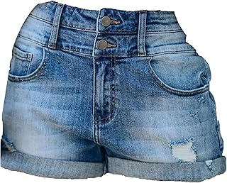 Silunma2021 Women's Folded Hem Stretchy Shorts Mid Waisted Ripped Hole Short Juniors Casual Summer Shorts Jeans