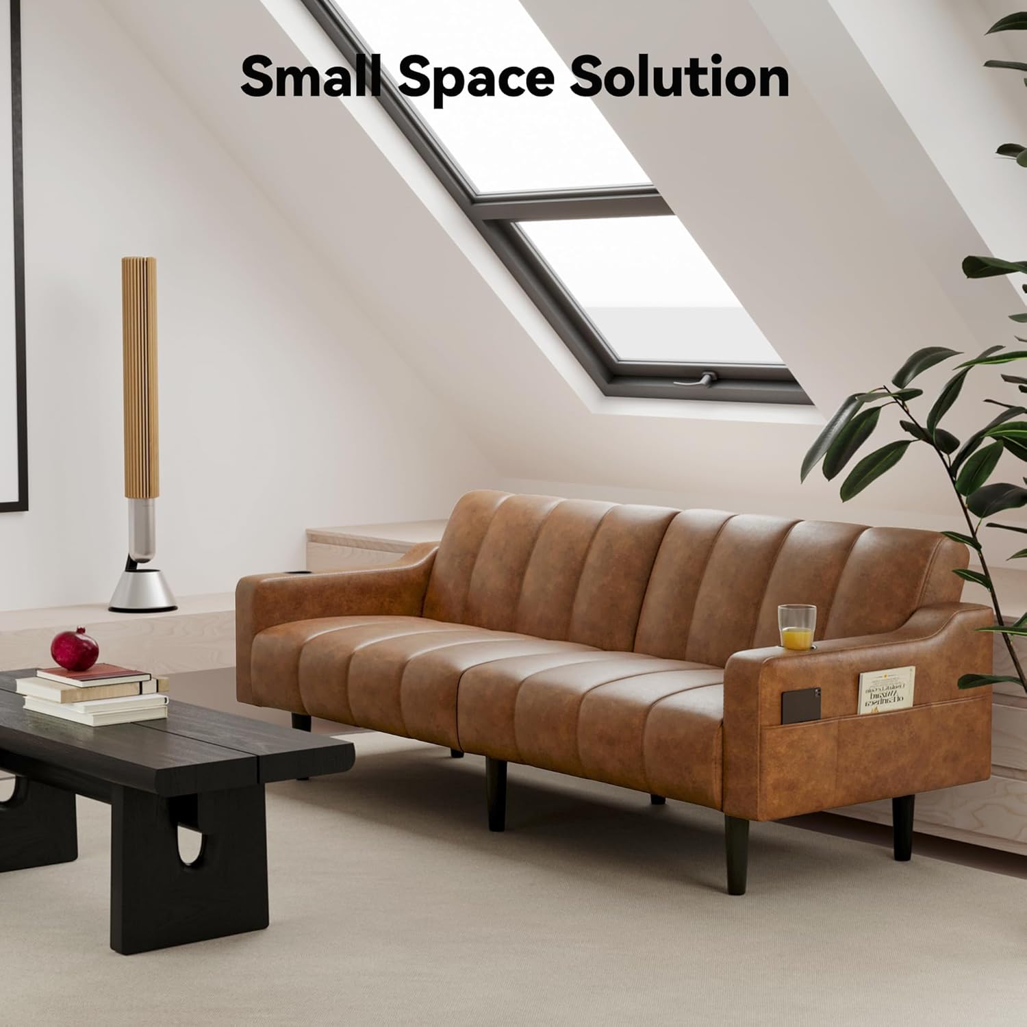 Chfeloai 80'' Futon Sofa Bed, Faux Leather Sleeper Couch, Convertible Loveseat with Adjustable Sofa Backrest, Modern Couches for Living Room, Bed Room, Apartment, Office (Brown)