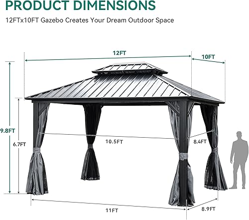 Miniatura 8 de YITAHOME Gazebo de techo duro de 12 x 12 pies con redes y cortinas, resistente doble techo de acero galvanizado al aire libre, combinado de rayas