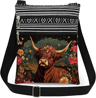 Highland Cow Floral Crown Starlit Sky Print Messenger Bag with Adjustable Strap Countryside Present for Women Friend Highland Cow Lovers Great for Carrying Essentials Crossbody Bag Purse
