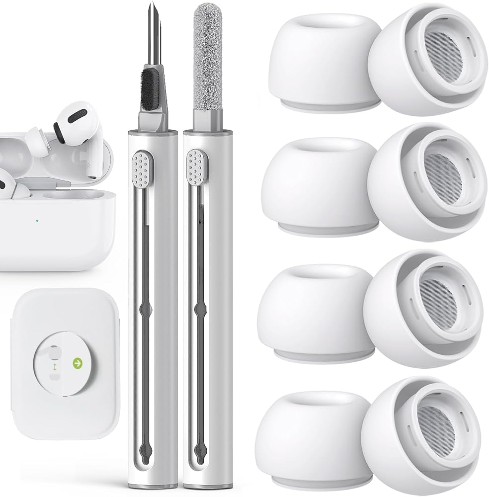 Pohgelan for AirPods Pro 2nd/1st Replacement Ear Tips (XS/S/M/L)-Whiite | Silicone,with Noise Reduction Hole & Built-in dust Guard Screen,for USB-C Charging Case with Cleaner kit -4 Sizes