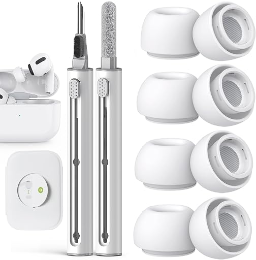 Pohgelan Compatible with AirPods Pro 2nd/1st Generation Replacement Ear Tips,with Noise Reduction Hole & Built-in dust Guard Screen,for USB-C Charging Case with Cleaner kit -4 Sizes (XS/S/M/L)-Whiite