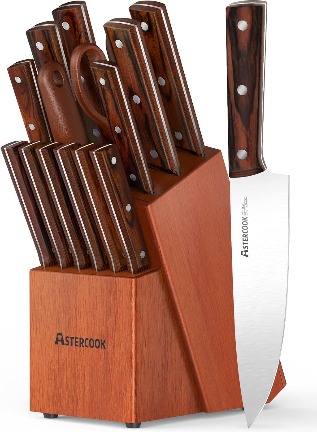 Knife Set, 15 Pieces Kitchen German High Carbon Stainless Steel Knife Set with Red Elm Wood Block, Classic Triple Rivet Chef Knife, Best Gift…