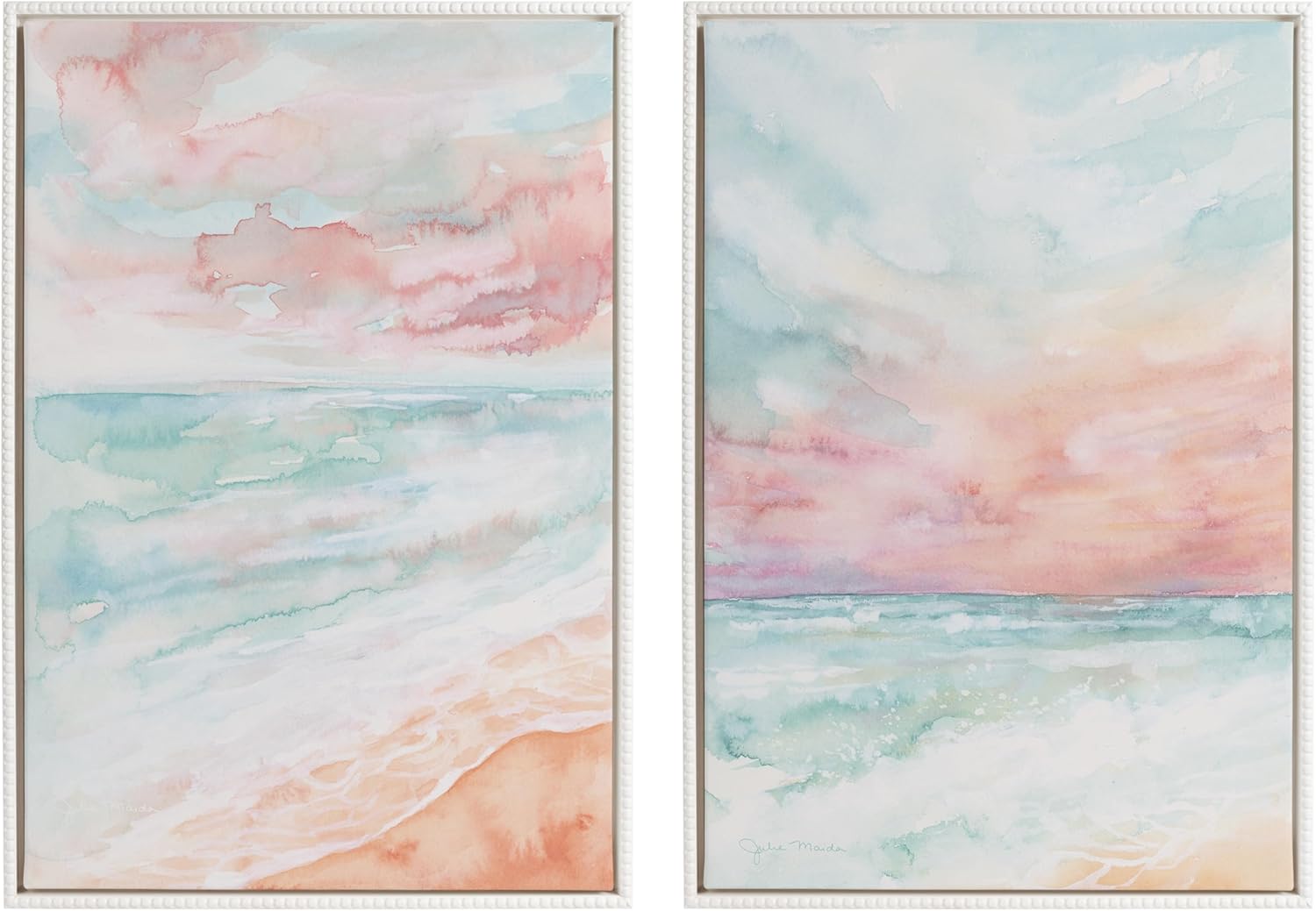 Kate and Laurel Sylvie Beaded All is Calm and Sky and Sea Vintage Framed Canvas Wall Art Set by Julie Maida, 2 Piece Set 23x33 White, Coastal Watercolor Art for Wall