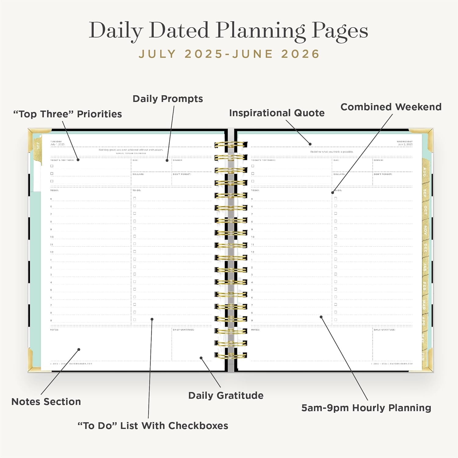 Day Designer 2025-2026 Daily Planner – Premium Planner for Stylish Organization. Combines Monthly Calendar, Hourly Schedule, To-Do List, Gratitude, Goal Setting, Inspirational Quotes, Stickers & More. Elegant laminated Cover with Gold Accents (Black Stripe)