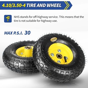 GICOOL 4.10/3.50-4 Rubber Pneumatic Tire and Wheel, with 2.25 Offset Hub, 5/8 Sealed Bearings, for Hand Truck Trolley Dolly Garden Wagon Wheel Replacement, 2 Pack (Explorer Series)
