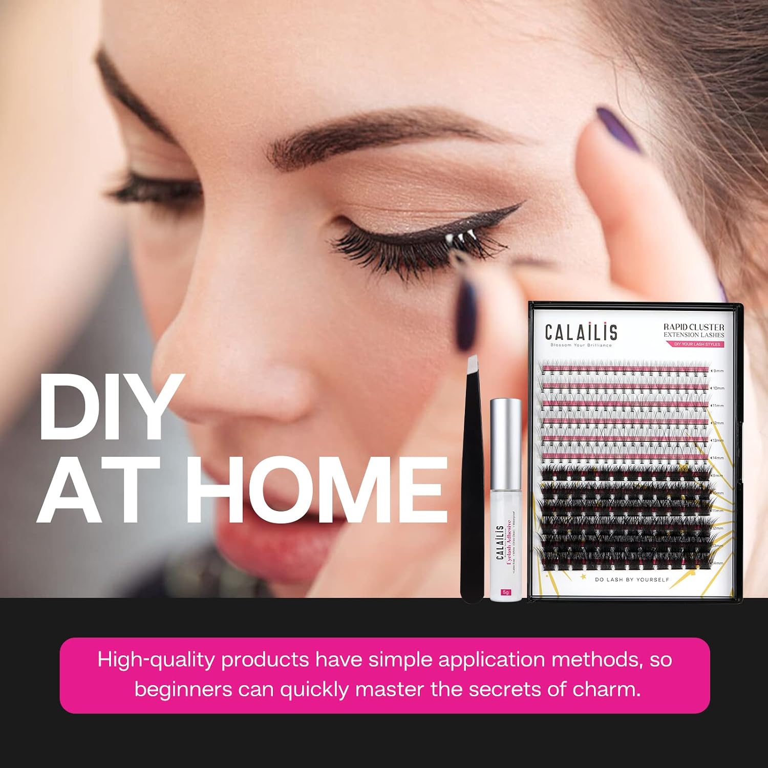 DIY Lash Extension Kit, CALAILIS Lash extension kit at Home, Urban Doll Lash Kit, 0.10 Thickness 10&56 Roots 144Pcs Lash CLusters with Cluster Lash Glue and Tweezers