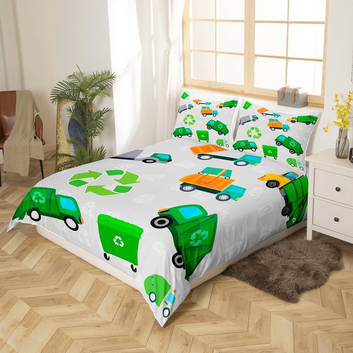 Feelyou Boys Green Garbage Truck Duvet Cover Cartoon Trash Truck Bedding Set for Kids Boys Girls Green Vehicle Car Comforter Cover Garbage Truck Toy Bed Set Twin Size with 1 Pillow Case (No Comforter)