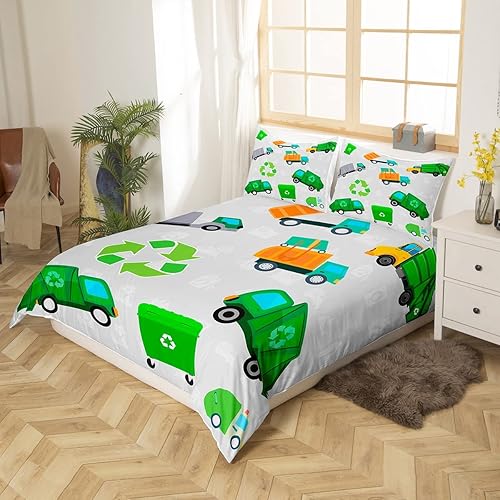 Miniatura 3 de Feelyou Juego de funda de edredón de camión de basura verde para niños, juego de ropa de cama de camión de basura de dibujos animados para niños y