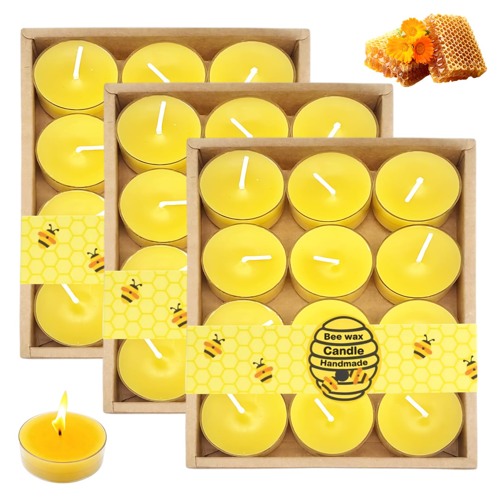 36 Pcs Beeswax Candles,Beeswax Tealights Delicate Yellow Candles Decorative Box Long Burning Time