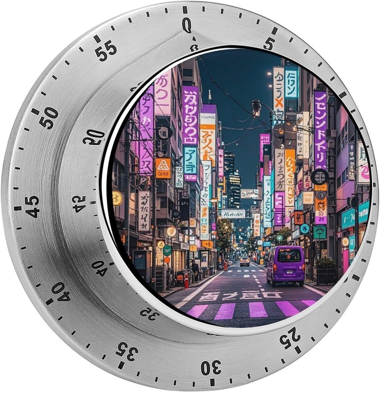 Purple Tokyo Streets Timer Stainless Steel Mechanical Countdown Timer for Loud Alarm Cute Magnetic Timers Time Management Tool Cooking Kitchen Timers for Baking Grilling