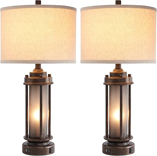 Miniatura 8 de Juego de 2 lámparas de granja para sala de estar, lámpara de mesa rústica vintage para dormitorio, con 2 puertos de carga USB, luz nocturna de