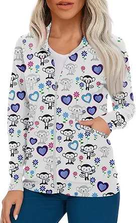 Scrub Jackets for Woman Zip Up Long Sleeve Tops Print Plus Size Womens Scrubs for Women Nursing Shirts with Pockets