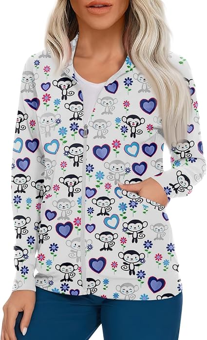 Scrub Jackets for Woman Zip Up Long Sleeve Tops Print Plus Size Womens Scrubs for Women Nursing Shirts with Pockets