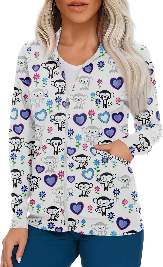 Scrub Jackets for Woman Zip Up Long Sleeve Tops Print Plus Size Womens Scrubs for Women Nursing Shirts with Pockets