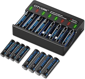 CITYORK 16 Pack Rechargeable Batteries with Charger, 8 AA 3000mAh and 8 AAA 1100mAh Ni-MH Batteries with LED NIMH Battery Charger for 1.2V AA AAA NiMH/NiCD Rechargeable Battery