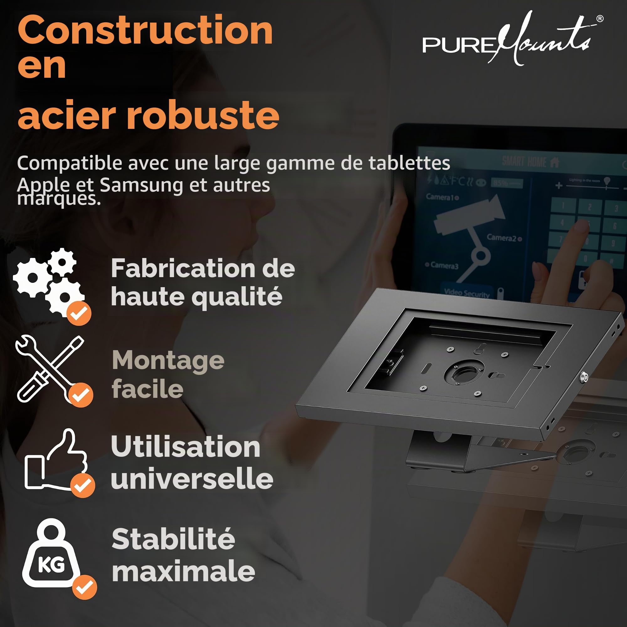PureMounts® Support de Tablette avec boîtier en verrouillable pour iPad 5/6/7/8/9/ IPad Air 9.7"/ 10.5"/10.9"/ IPad Air 9.7"/10.5"/11" et Samsung Tab A 10.1 (2019)/ Onglet A7/S6 Lite 10.4", Noir