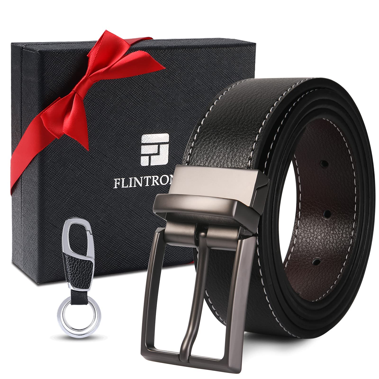flintronic Cintura da Uomo in Pelle con Fibbia Automatica, Moda Cintura a Cricchetto 3.5cm * 130cm, con Portachiavi e Confezione Regalo