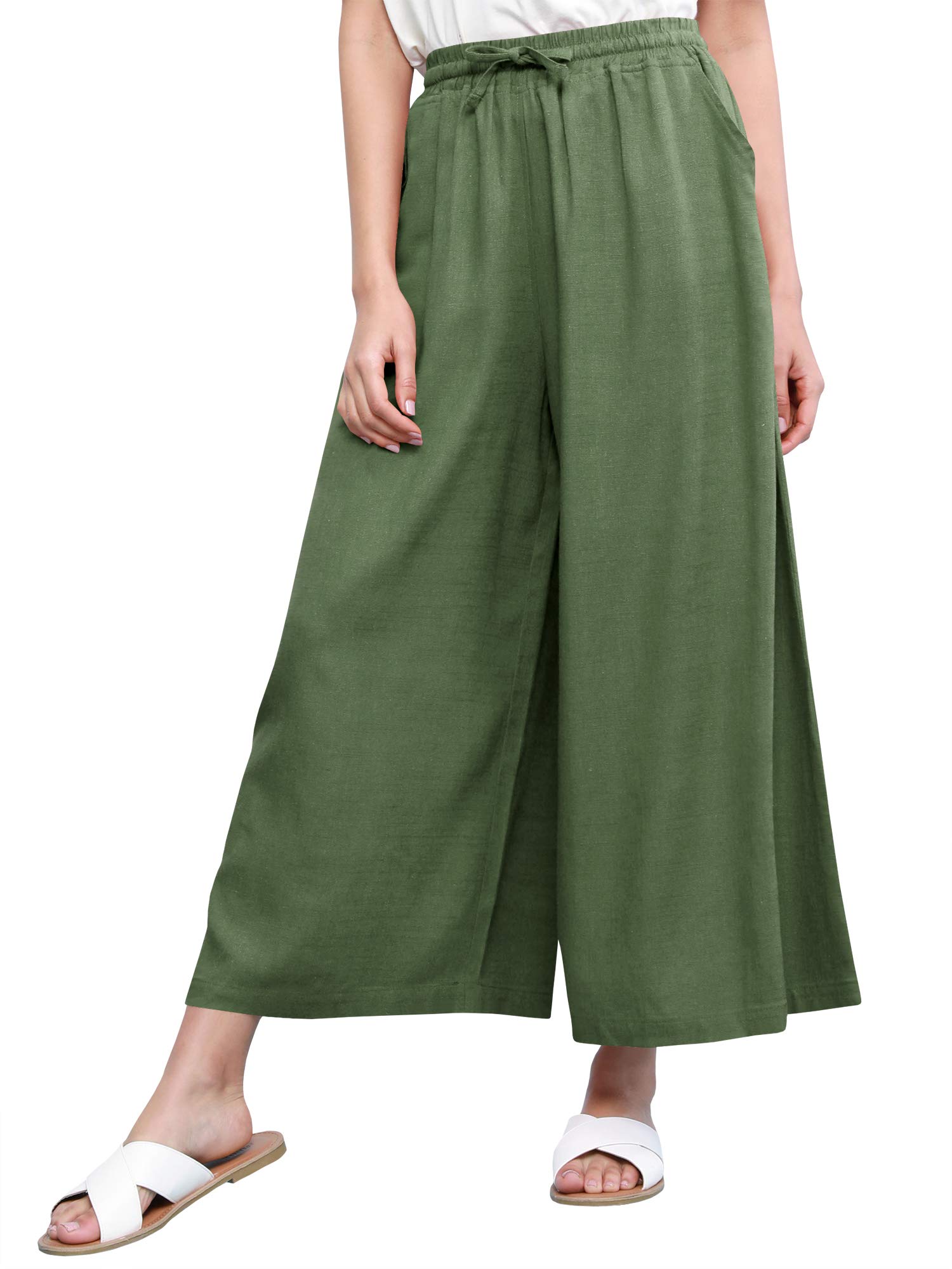 Womens Washed Linen Casual Loose Wide Leg Pants Pocket with Draw String