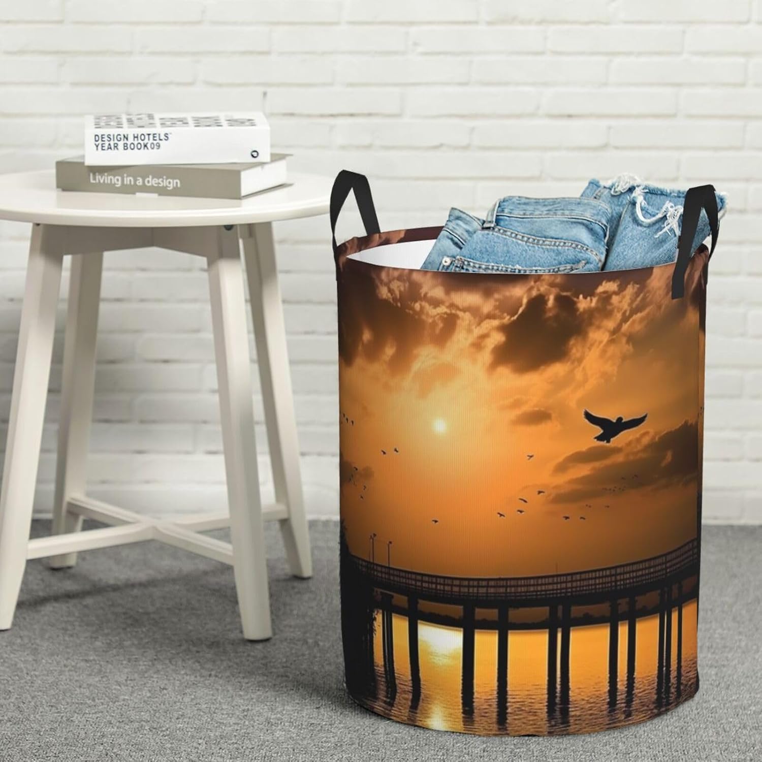 bridge silhouette and bird print Circular Hamper Waterproof Storage Bin Organizer Basket Laundry Hamper With Handles For Clothes Toys Small