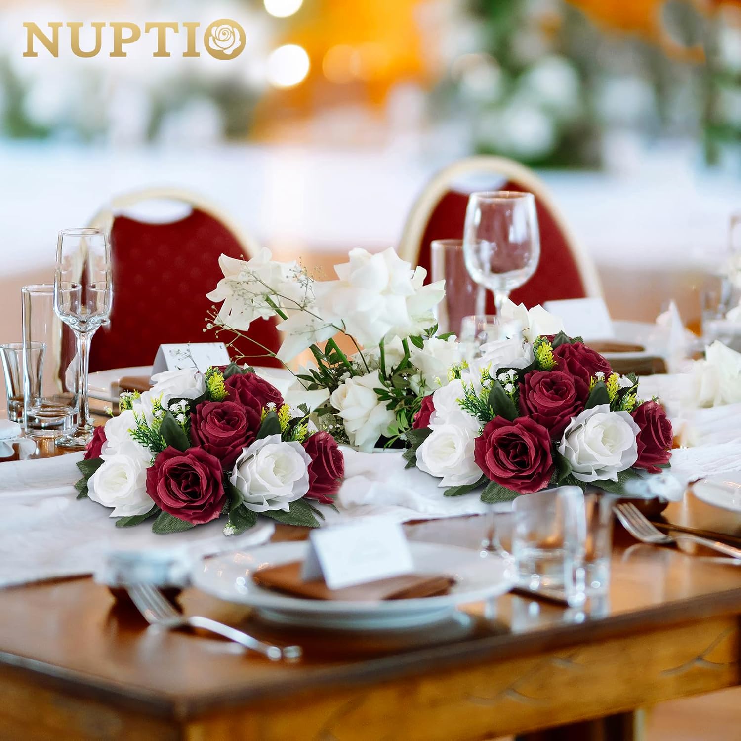 NUPTIO Flower Wedding Centrepieces for Tables - 2 Pcs 9.5in Diameter Burgundy & White Artificial Flowers Rose Ball for Centerpieces Table - Fake Rose Arrangements for Weddings Birthday Party Decor - Image 4