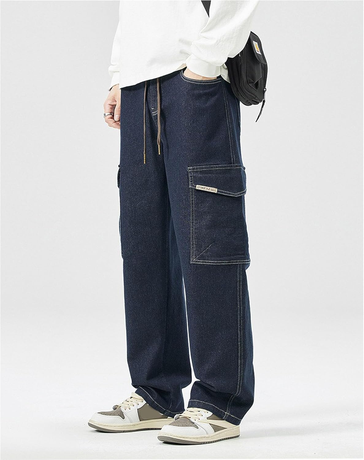 Men's Japanese Street Vintage Jeans Baggy Drawstring Cargo Pants Elastic Waist Pants Pants for Men Fashion(Black,L) - Image 7