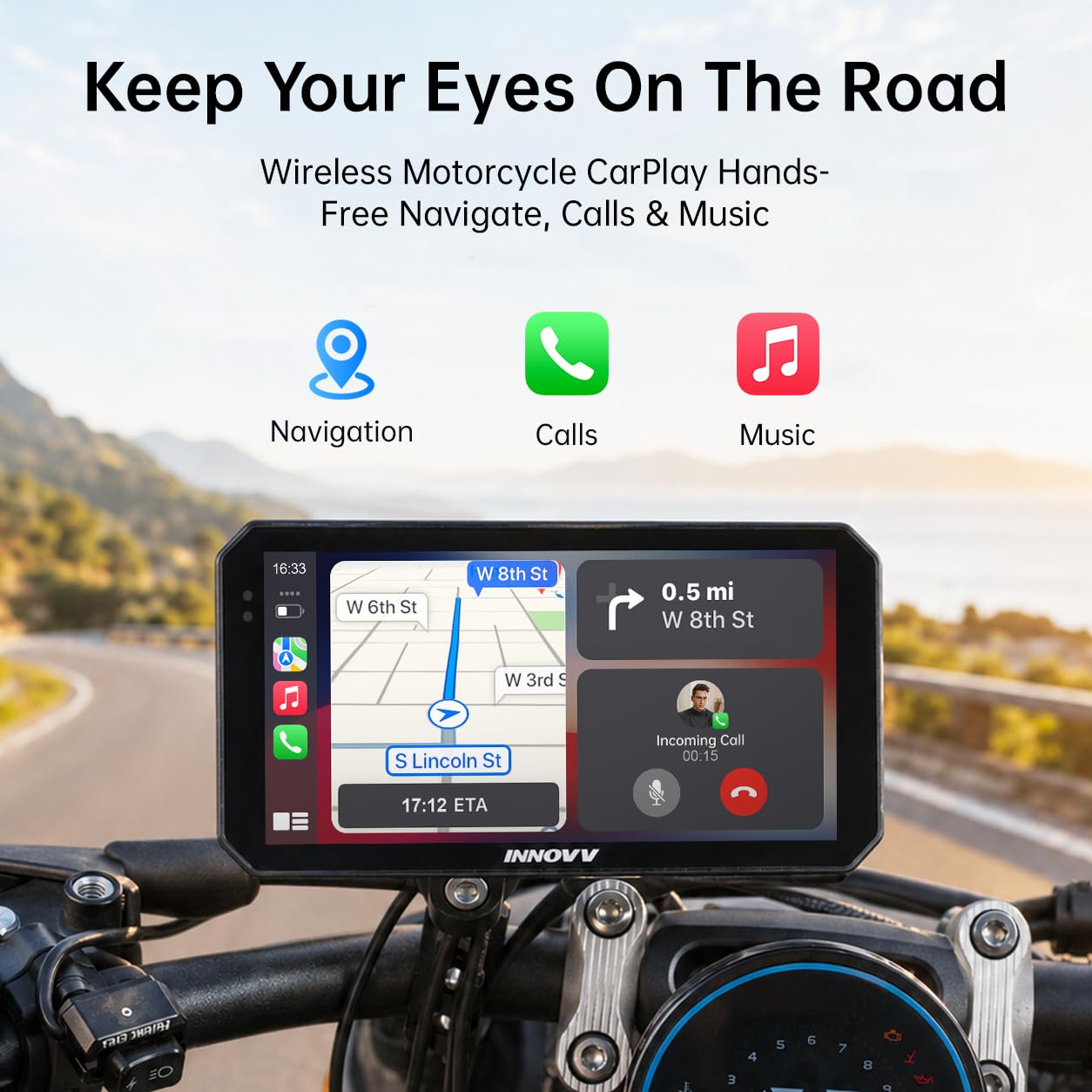INNOVV N2 15.2 cm Apple Carplay ekran do motocykla, ekran dotykowy, bezprzewodowy system nawigacji GPS Apple CarPlay i Android, 5G Wi-Fi, wodoodporność IP67, Bluetooth, tryb parkowania, Siri, App