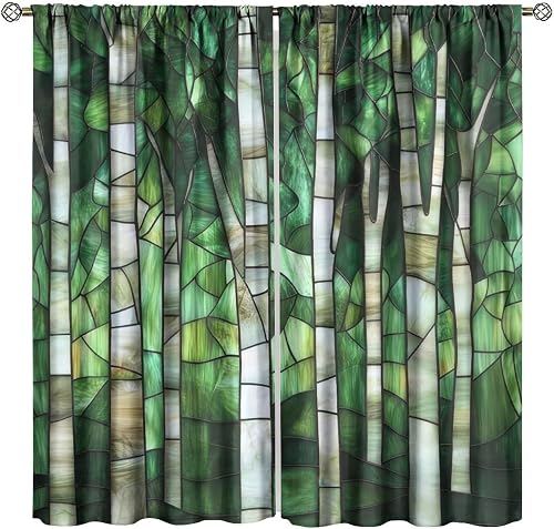 KANEPE Stained Glass Curtains, Birch Trees Green White Forest Stained Glass Retr