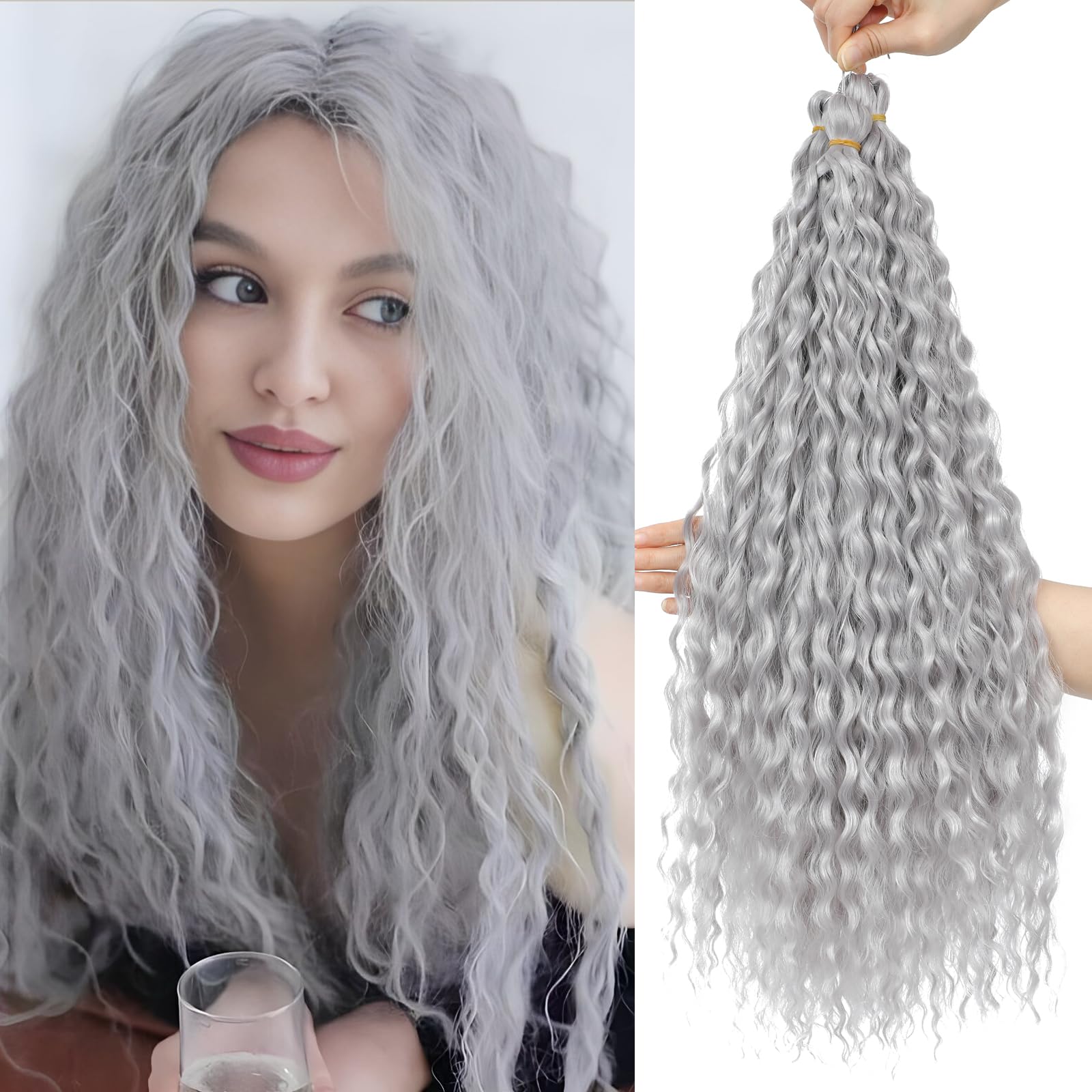 FANLUTYIN 22 Inch Curly Crochet Braiding Hair 3 Packs Ocean Wave Crochet Hair Extensions Deep Wave Synthetic Braiding Hair Curls Hair Twist Water Wave Braided Hair (Grey