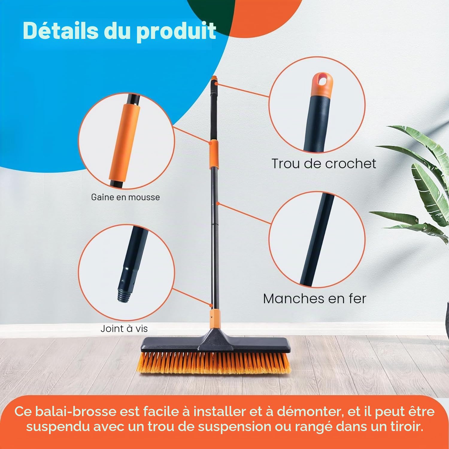 Balai de jardin d'extérieur très résistant, brosse pour gazon artificiel 2-1 CLEANHOME 45,7 cm, convient pour les jardins, usines, écoles, cour brosse robuste d'extérieur (orange noir)