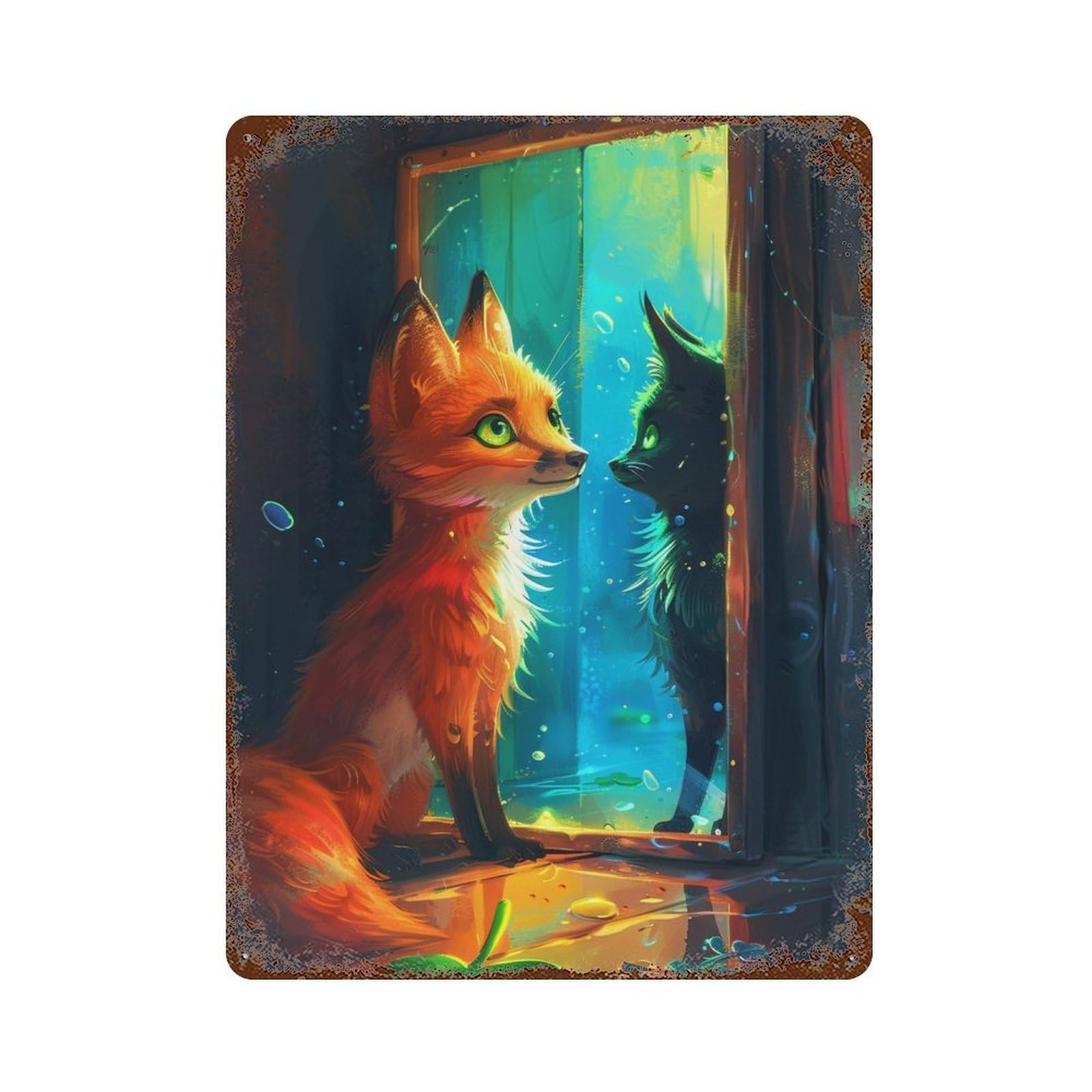 Magical Fox Encounter Vintage Rust Metal Sign 15.7"x11.8", Shabby Chic Decor for Garage, Pub Or Kitchen