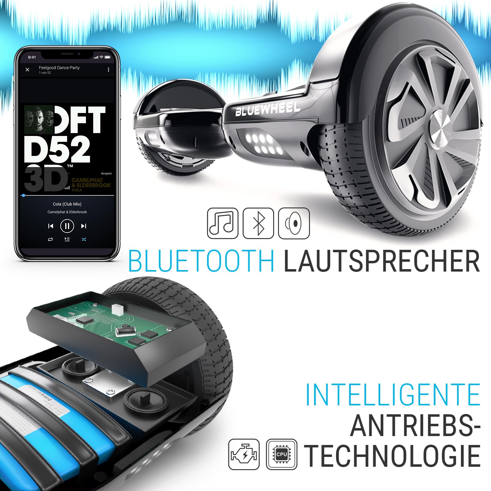 Bluewheel 6,5" Premium Hoverboard HX310s – Elektroboard mit LED, Bluetooth Lautsprecher, starker Dual Motor, HX Hoverboard App-kompatibel, ideal für Kinder & Erwachsene, deutsche Qualitätsmarke