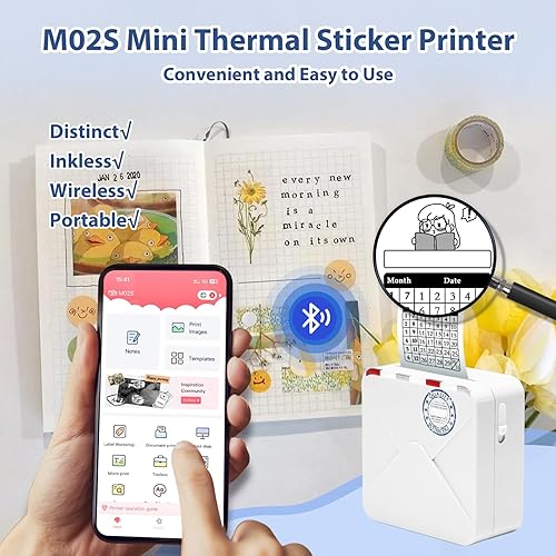 Miniatura 3 de Mini impresora térmica sin tinta, impresora térmica M02S Bluetooth de notas adhesivas inalámbrica para fotos, notas, diario, lista de trabajo, con 1